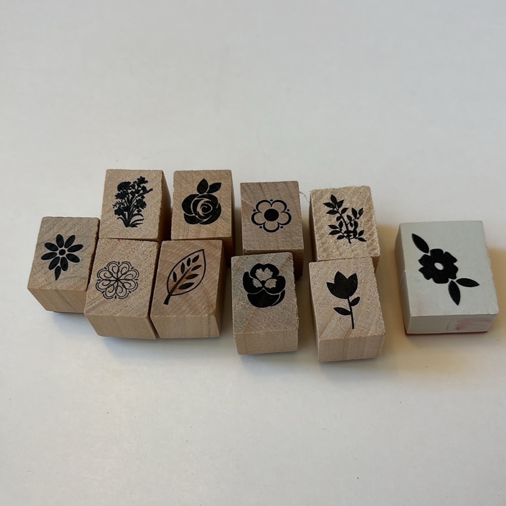 Rubber stamps set of 10, 9 are wood rubber stamps 1 foam flower, scrapbook craft